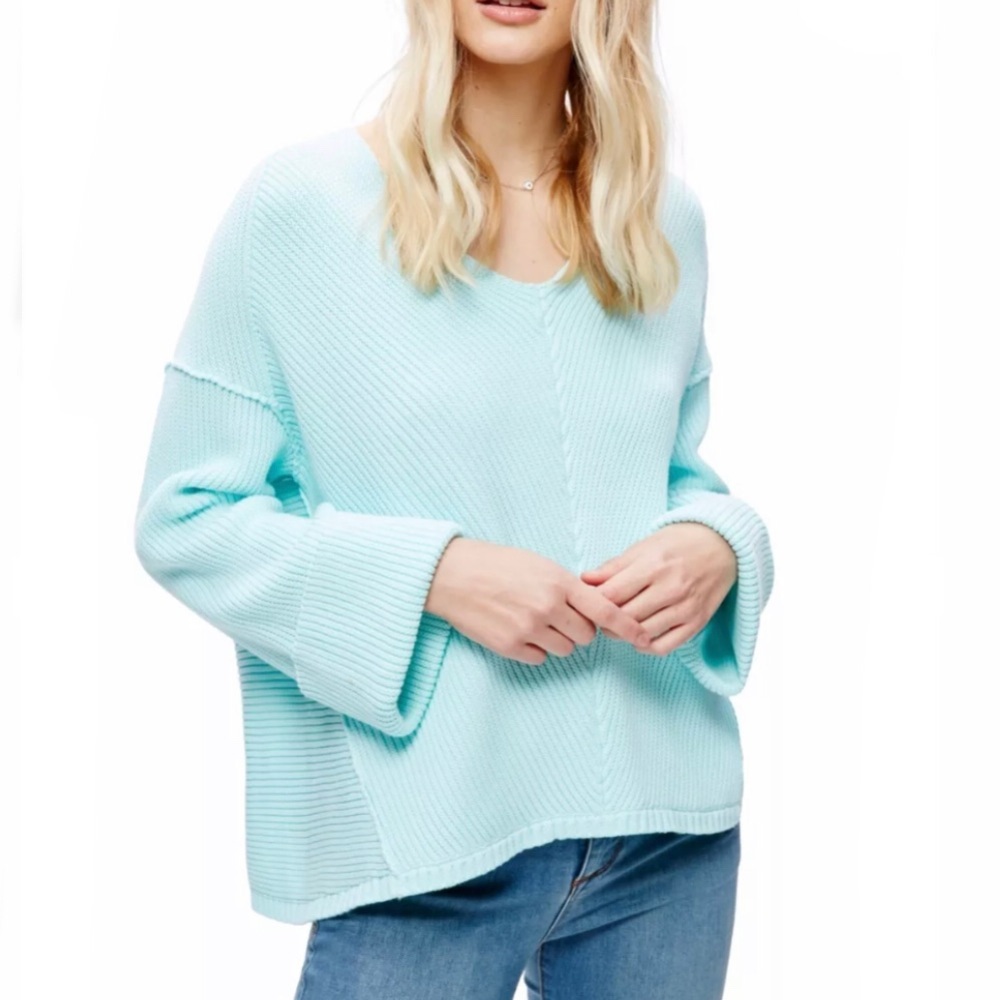 Free People LA VREA Ribbed Knit Sweater Aqua